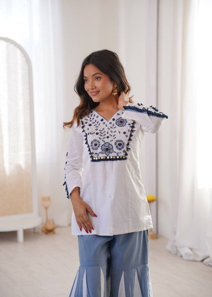 Fresh  Roman Silk Embroidered Co ord Set with Hand Work   Full Flair Palazzo for Party Wear CO ORD Sets