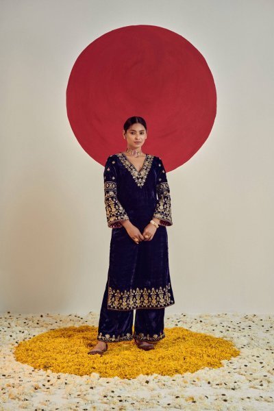 Fresh Velvet V Neck Embroidered Zari Sequin Top Palazzo Set with Dupatta for Resellers Ready To Wear Collection
