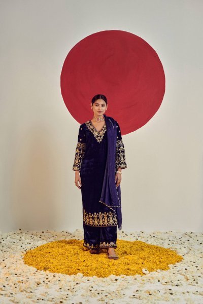 Fresh Velvet V Neck Embroidered Zari Sequin Top Palazzo Set with Dupatta for Resellers Ready To Wear Collection