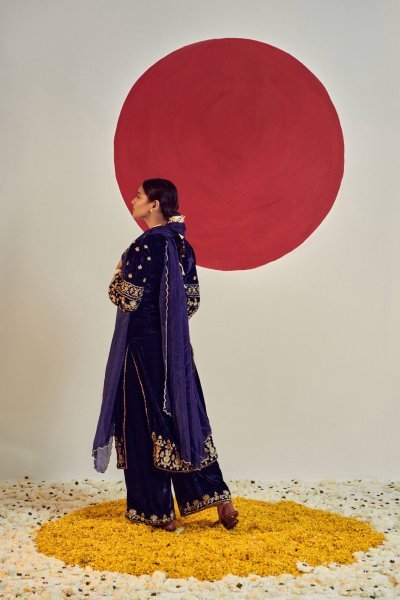 Fresh Velvet V Neck Embroidered Zari Sequin Top Palazzo Set with Dupatta for Resellers Ready To Wear Collection