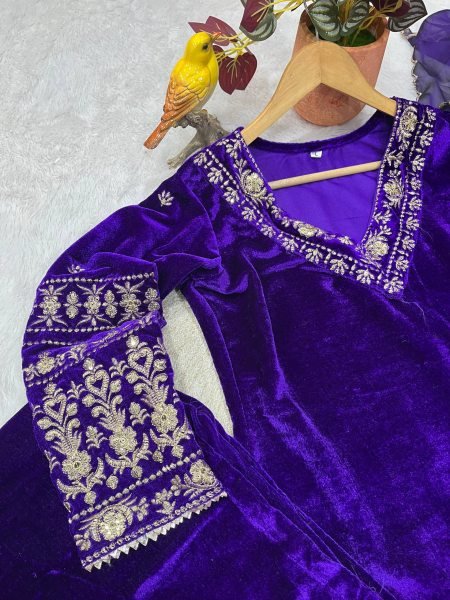 Fresh Velvet V Neck Embroidered Zari Sequin Top Palazzo Set with Dupatta for Resellers Ready To Wear Collection