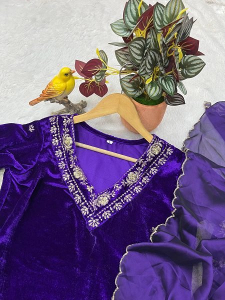 Fresh Velvet V Neck Embroidered Zari Sequin Top Palazzo Set with Dupatta for Resellers Ready To Wear Collection