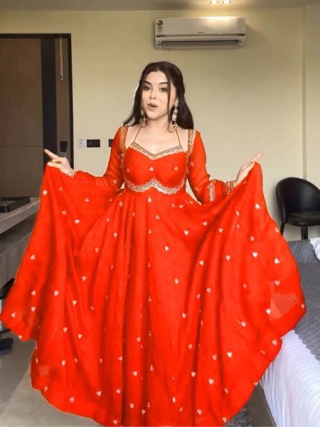Freshy Orange Georgette Embroidery Anarkali Suit Set with Dupatta Ready to Wear for Celebrations