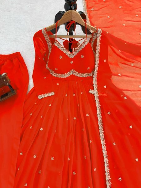 Freshy Orange Georgette Embroidery Anarkali Suit Set with Dupatta Ready to Wear for Celebrations Ready To Wear Collection