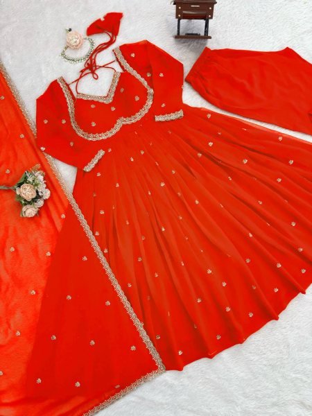 Freshy Orange Georgette Embroidery Anarkali Suit Set with Dupatta Ready to Wear for Celebrations Ready To Wear Collection