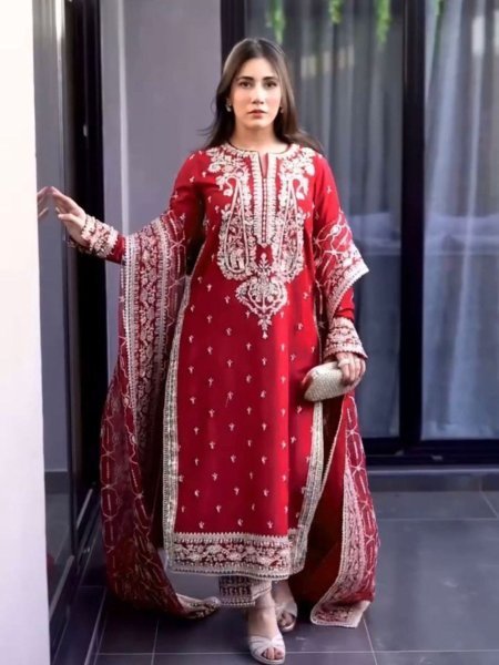 Front & Back Embroidered Roman Silk Suit with Dupatta Premium Palazzo Set for Celebrations Ready To Wear Collection