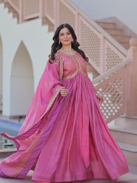 Fuchsia Pink Gold Crush Gown with Dupatta Wedding Set Anarkali Kurtis 