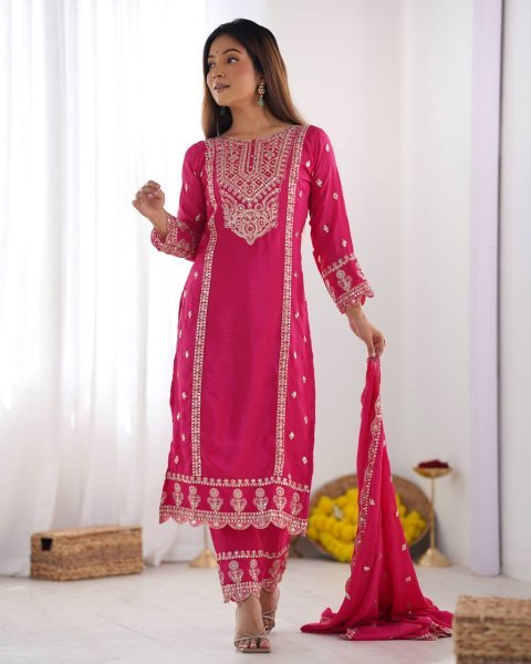 Full Pink Chinnon Heavy Embroidery Work Suits And Dupatta Set Ready To Wear Collection