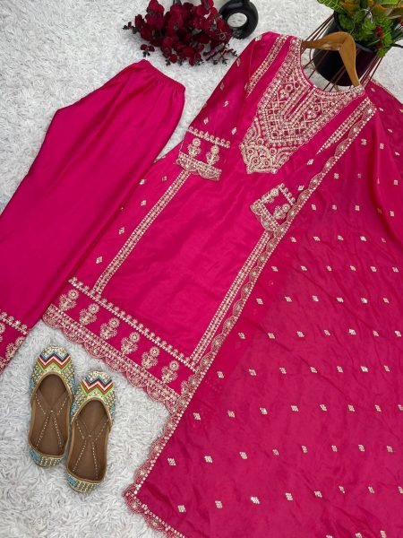 Full Pink Chinnon Heavy Embroidery Work Suits And Dupatta Set Ready To Wear Collection