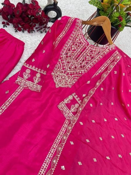 Full Pink Chinnon Heavy Embroidery Work Suits And Dupatta Set Ready To Wear Collection