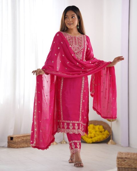 Full Pink Chinnon Heavy Embroidery Work Suits And Dupatta Set Ready To Wear Collection