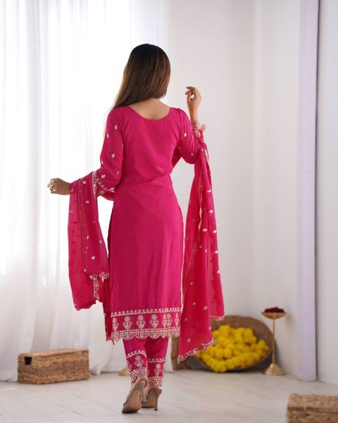 Full Pink Chinnon Heavy Embroidery Work Suits And Dupatta Set Ready To Wear Collection