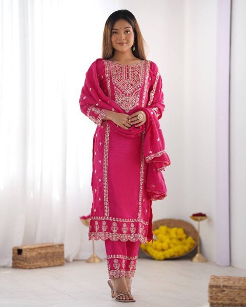 Full Pink Chinnon Heavy Embroidery Work Suits And Dupatta Set Ready To Wear Collection