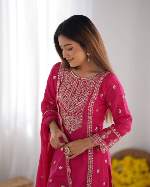 Full Pink Chinnon Heavy Embroidery Work Suits And Dupatta Set Ready To Wear Collection