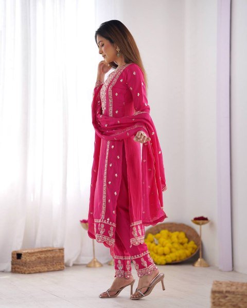 Full Pink Chinnon Heavy Embroidery Work Suits And Dupatta Set Ready To Wear Collection