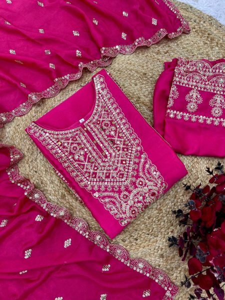 Full Pink Chinnon Heavy Embroidery Work Suits And Dupatta Set Ready To Wear Collection