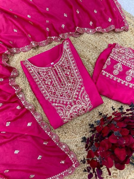 Full Pink Chinnon Heavy Embroidery Work Suits And Dupatta Set Ready To Wear Collection