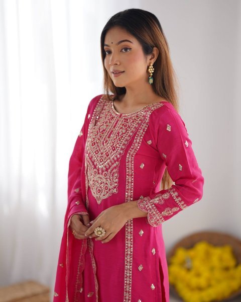 Full Pink Chinnon Heavy Embroidery Work Suits And Dupatta Set Ready To Wear Collection