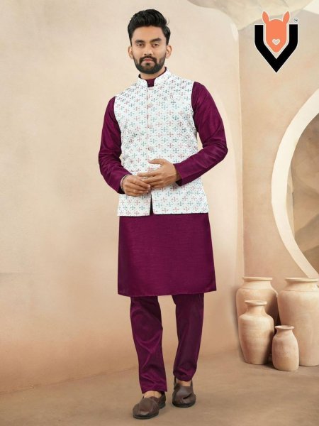 Full Set Mens Kurta Pajama with Heavy Silk Koti Ready-to-Wear Ethnic Outfit from New Collection at Affordable Price 