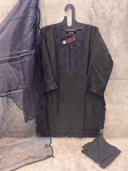 Black Viscose Silk Pakistani Suit with Organza Dupatta Hoor Tex HF-98 C