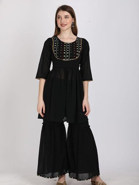 Fully Stitched Black Kurta   Sharara Set in Georgette Designer Look for Special Occasions Kurti With Bottom Wholesale