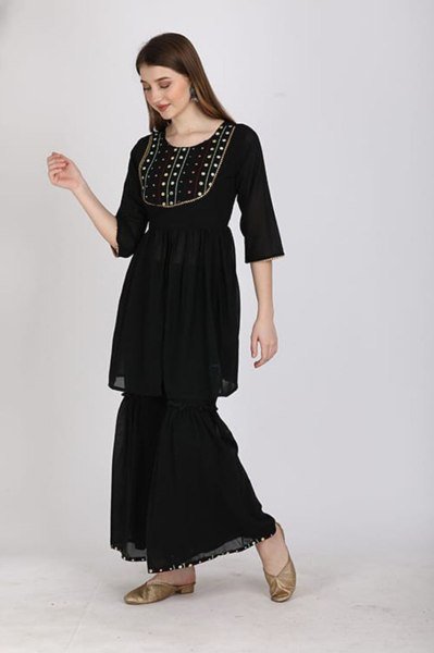 Fully Stitched Black Kurta   Sharara Set in Georgette Designer Look for Special Occasions Georgette Kurti 
