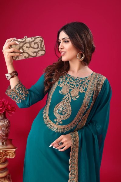 Fully Stitched Ethnic Teal Blue Outfit in Faux Georgette with Embroidered Sequin Work, Elasticated Palazzo for Occasion Wear Ready To Wear Collection