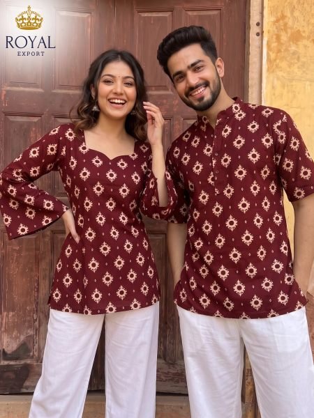 Fully Stitched Maroon Cotton Couple Combo Dress Set for Festival Celebrations 