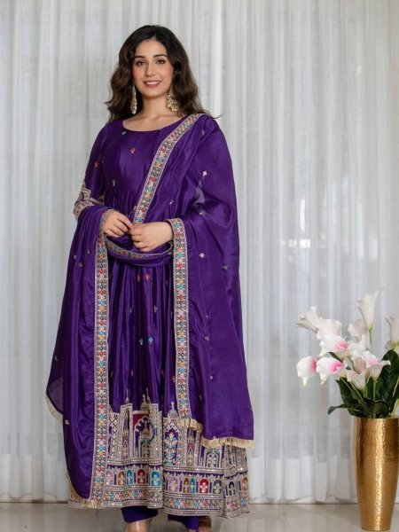Fully Stitched Purple Chinnon Silk Anarkali Gown Set with Heavy Embroidery for weddings Ready To Wear Suit