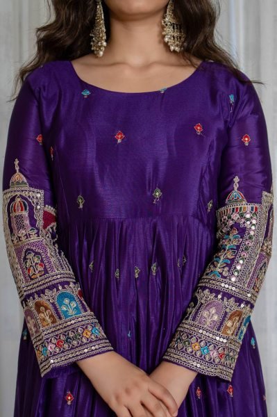 Fully Stitched Purple Chinnon Silk Anarkali Gown Set with Heavy Embroidery for weddings Ready To Wear Collection
