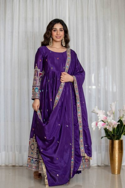 Fully Stitched Purple Chinnon Silk Anarkali Gown Set with Heavy Embroidery for weddings Ready To Wear Collection
