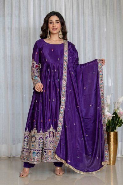 Fully Stitched Purple Chinnon Silk Anarkali Gown Set with Heavy Embroidery for weddings Ready To Wear Collection