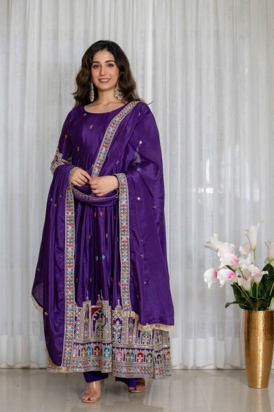 Fully Stitched Purple Chinnon Silk Anarkali Gown Set with Heavy Embroidery for weddings Ready To Wear Collection