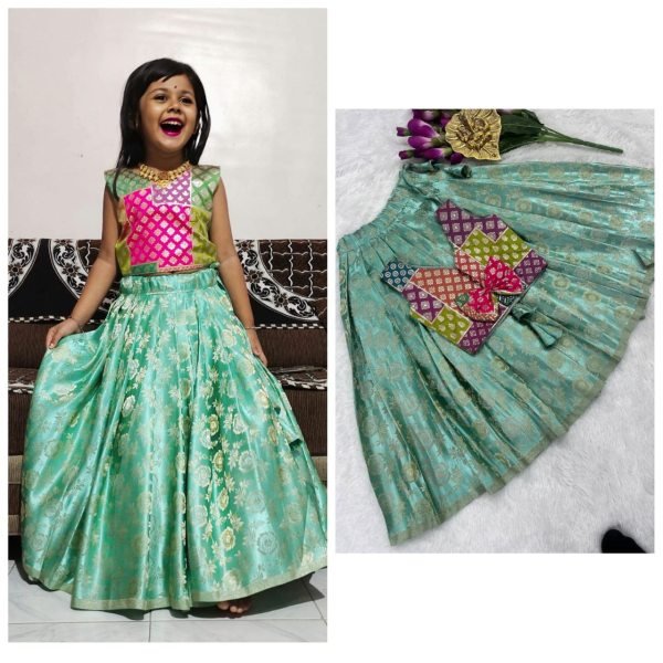fully stitched sea green kids lehenga silk festive collection Girls Wear
