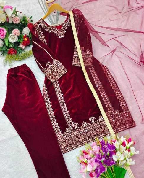 Fully Stitched Velvet Ready to Wear Suit Set with Sequin Embroidery at Manufacturer Price Ready To Wear Collection