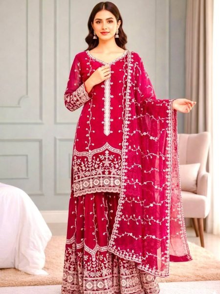 Fully Sttiched Pink Color Plazzo Suit In Wholesale Rate  Ready To Wear Suit