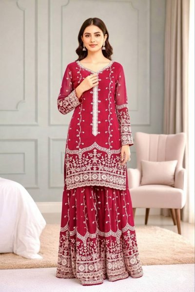 Fully Sttiched Pink Color Plazzo Suit In Wholesale Rate  Ready To Wear Collection