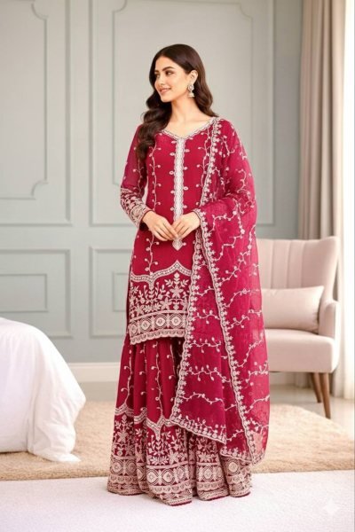 Fully Sttiched Pink Color Plazzo Suit In Wholesale Rate  Ready To Wear Collection