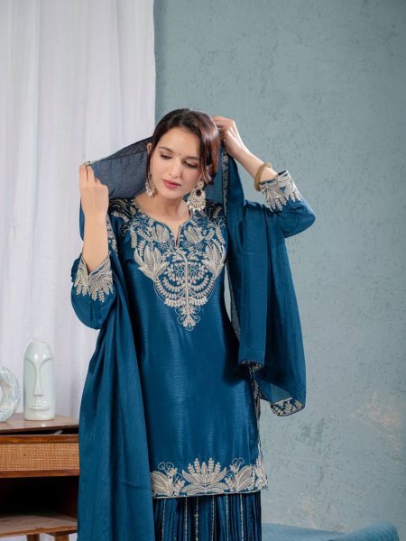 Function Wear Chinnon Silk Sharara Suit Embroidery, Sequins & Full-Flair Design in best price  Ready To Wear Collection