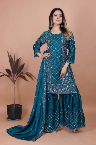 Function Wear Chinon Sharara Suit with Heavy Sequin Embroidery Partywear Look Ready To Wear Collection