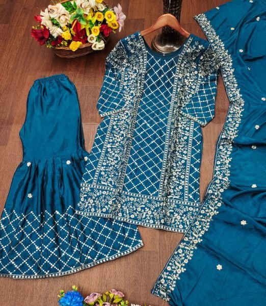 Function Wear Chinon Sharara Suit with Heavy Sequin Embroidery Partywear Look Ready To Wear Collection