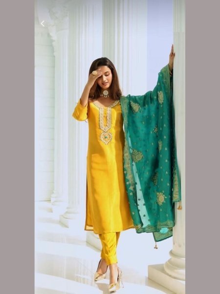 Yellow Color  Sequence    Embroidery Work Kurti Set 3 Piece Kurti Set