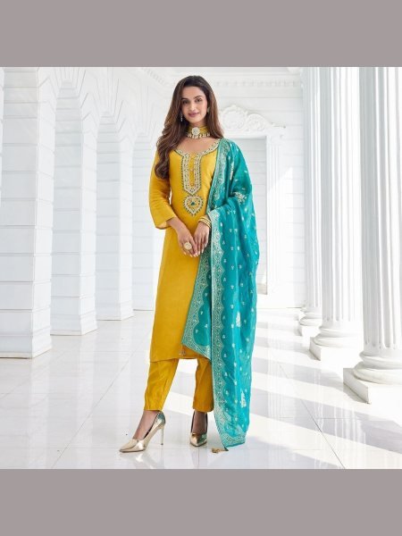 Yellow Color  Sequence    Embroidery Work Kurti Set 3 Piece Kurti Set