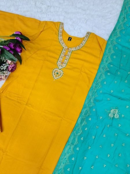Yellow Color  Sequence    Embroidery Work Kurti Set 3 Piece Kurti Set