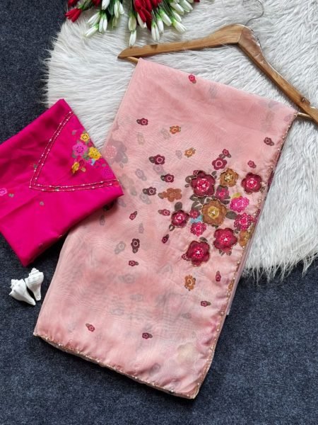Functional Beige Soft Tabi Floral Printed Saree with Handwork Chinon Blouse For Party Printed Cotton Sarees Wholesale
