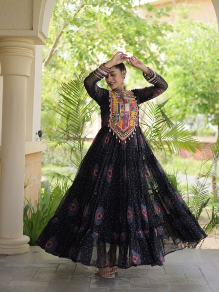 Functional Black Bandhani Print Faux Georgette Gown with Kutchi Patchwork 