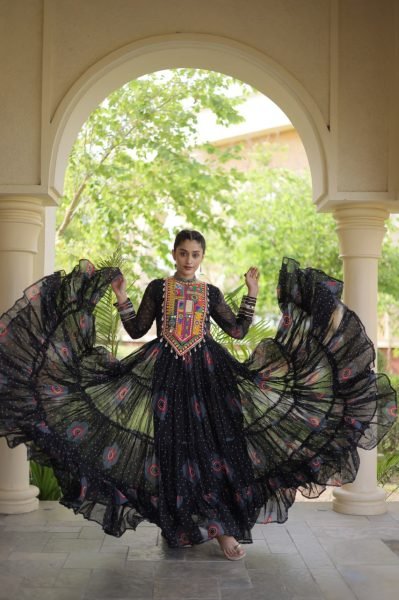 Functional Black Bandhani Print Faux Georgette Gown with Kutchi Patchwork Navratri Collection