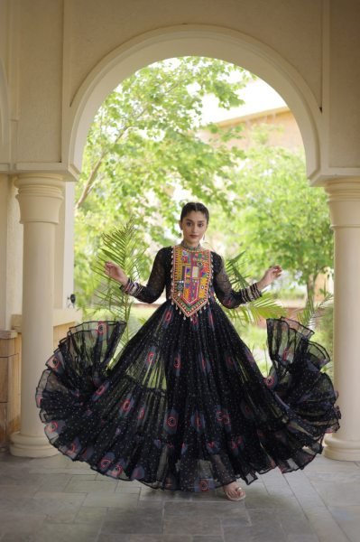 Functional Black Bandhani Print Faux Georgette Gown with Kutchi Patchwork Navratri Collection