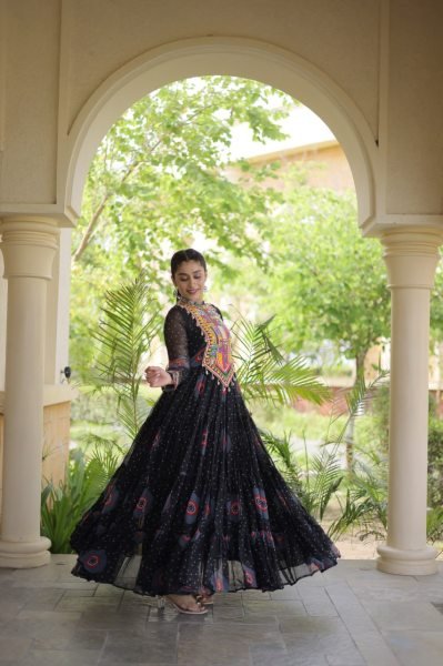 Functional Black Bandhani Print Faux Georgette Gown with Kutchi Patchwork Navratri Collection