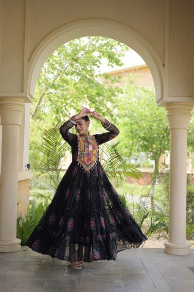 Functional Black Bandhani Print Faux Georgette Gown with Kutchi Patchwork Navratri Collection